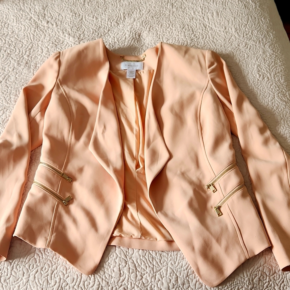 Soft, light pink drape front jacket